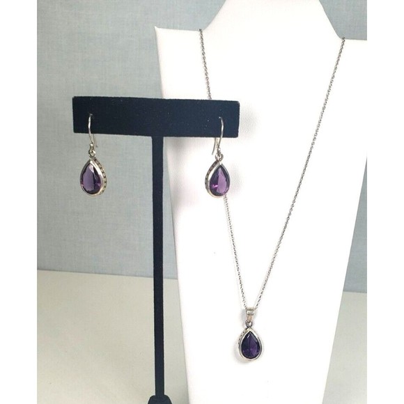 Vintage Sterling Silver 925 Amythist Teardrop Pendant Matching Earrings with 18" - Picture 2 of 12